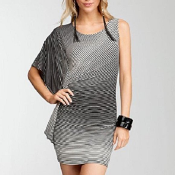 bebe Dresses & Skirts - Bebe Asymmetric Striped One Shoulder Drape Sleeve Dress S